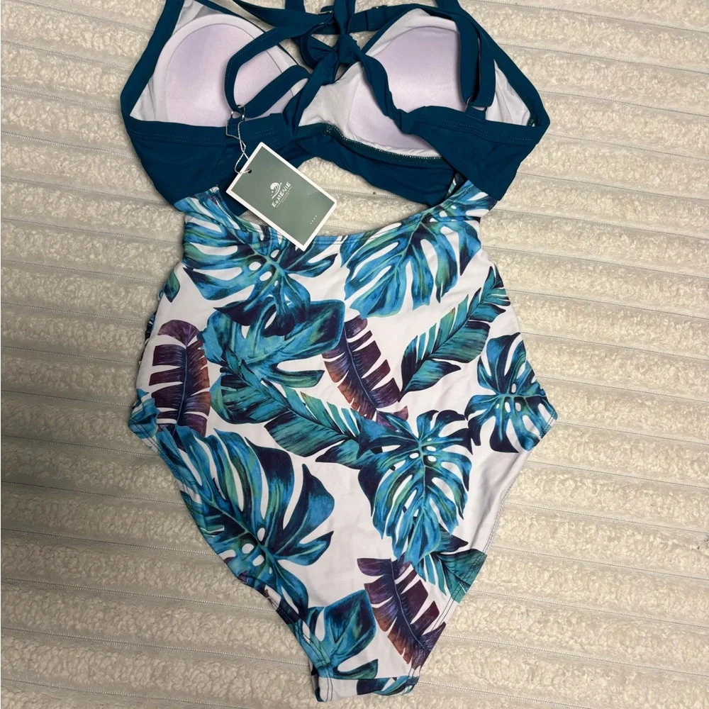 Elegant Teal and Leaf Print One Piece Swimsuit